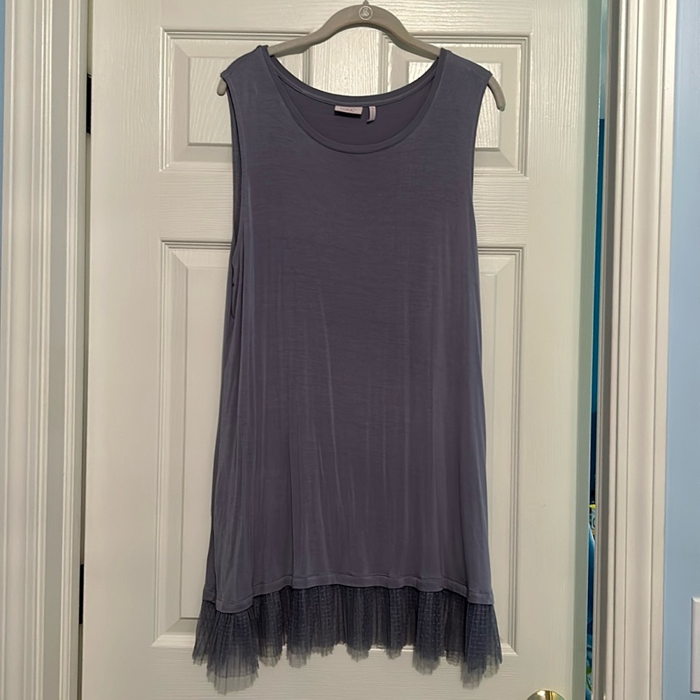 LOGO sleeveless tunic top with lace bottom edge. Size XL. Color blue/gray.